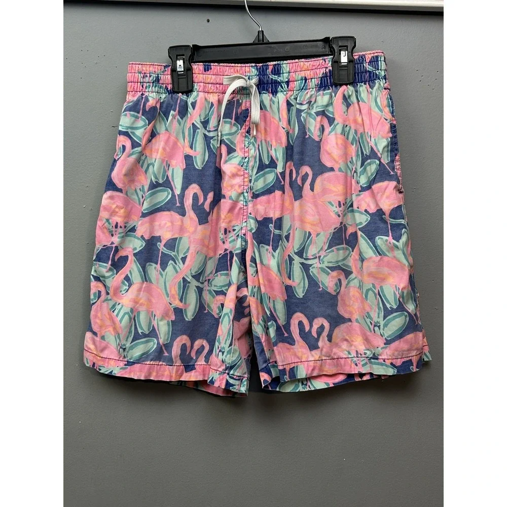 Chubbies Swim Trunks Mens Small‎ Blue Pink Flamingo Print Elastic Drawstring 7in